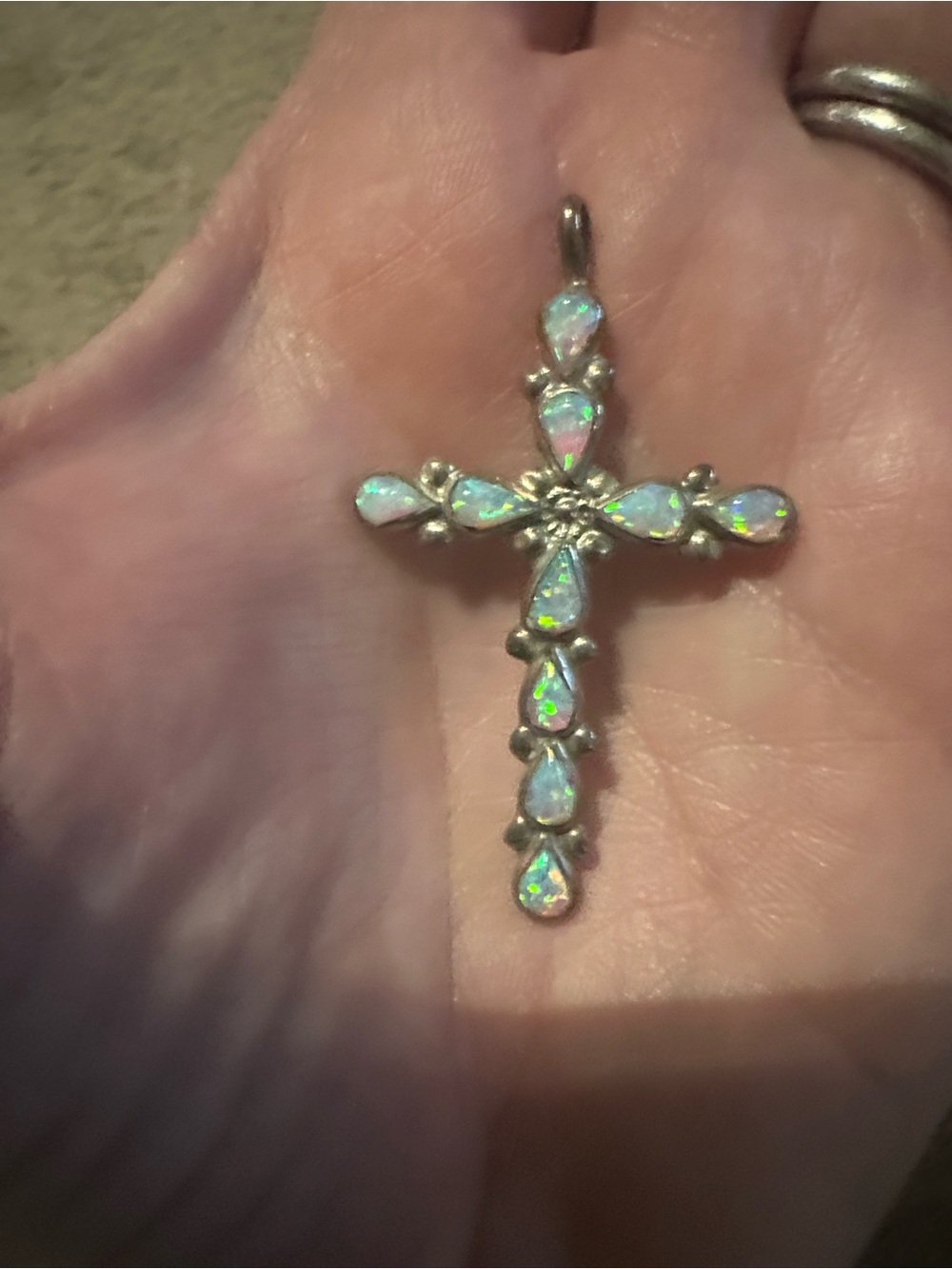 Sterling Silver Opal Cross Pendant - White Opal Accent